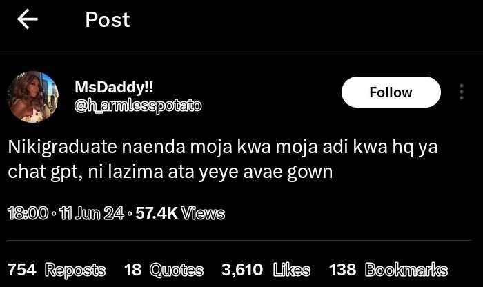 Post msdaddyl! hanulesspocalo follow nikigraduate naenda moja kwa moja adi kwa h
