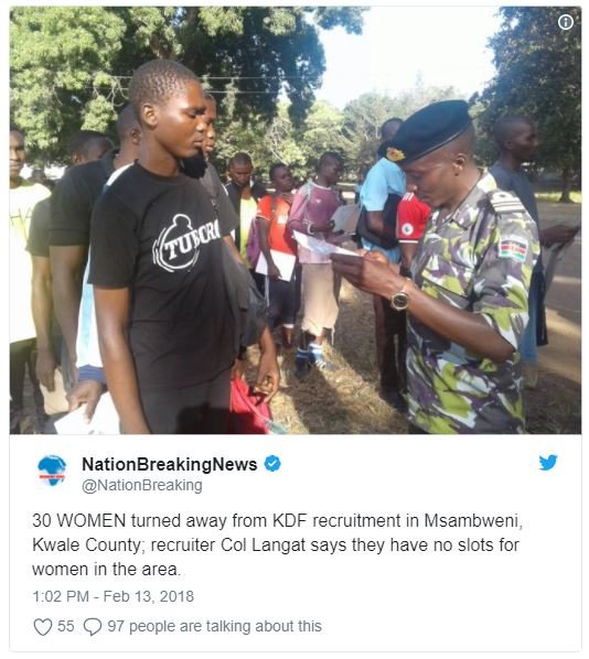 Nationbreakingnews nationbreaking 30 women turned away from kdf recruitment in m