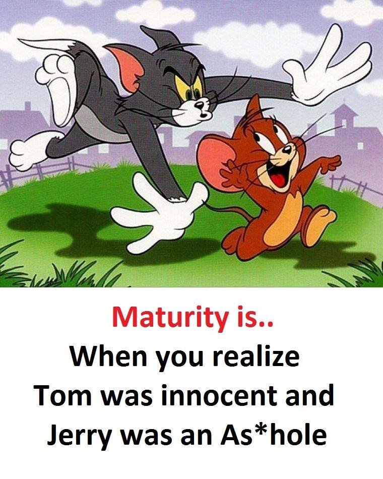 Maturity is. when you realize tom was innocent and jerry was an ashole