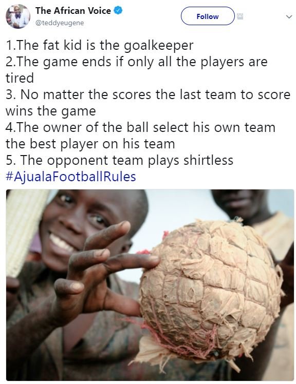 The african voice teddyeugene follow 1.the fat kid is the goalkeeper 2.the game