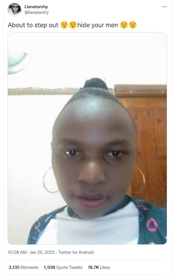 Lianatarshy lianatarshy About to step out hide your men 10.08 AM Jan 25 Twitter
