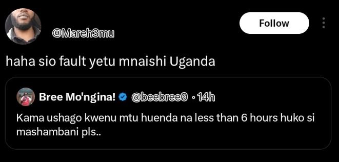 Follow manehsmu haha sio fault yetu mnaishi uganda bree mo'ngina! beebneeo 1h ka