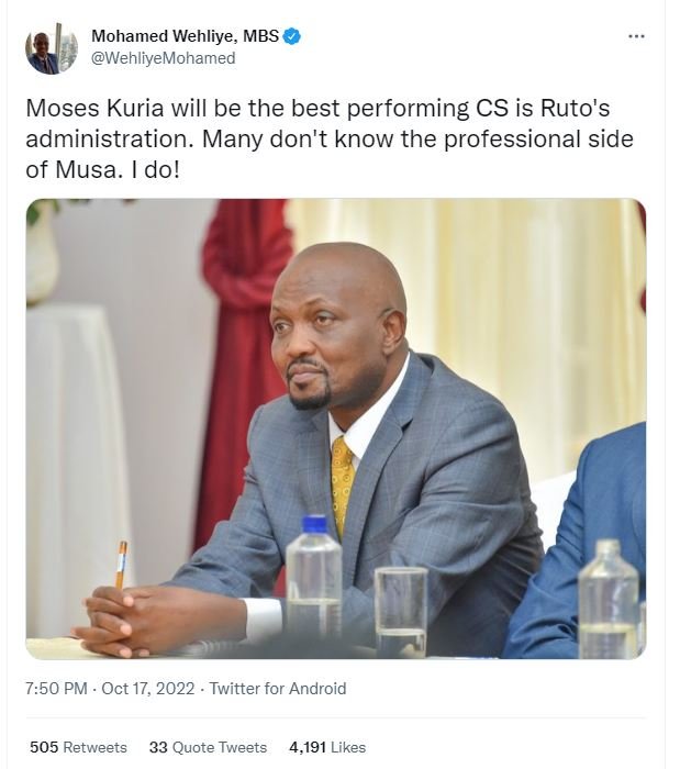 Mohamed wehliye mbs wehliyemohamed moses kuria will be the best performing cs is