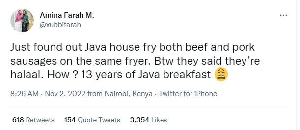 Amina farah m xubbifarah just found out java house fry both beef and pork sausag