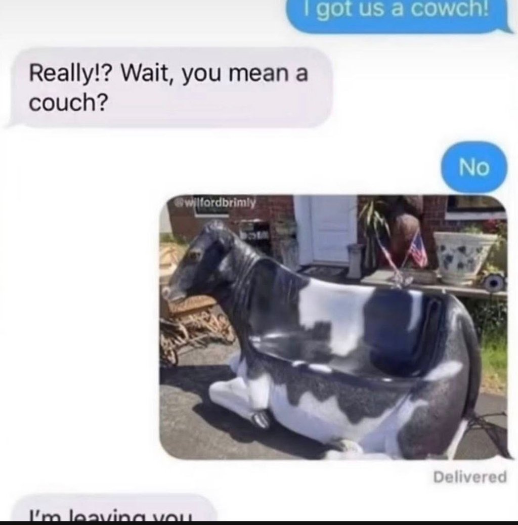 1got us a cowch! really!? wait, you mean a couch? no mordbrimly delivered