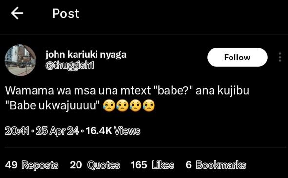 Post john kariuki nyaga dhuggishi follow wamama wa msa una mtext babe? ana kujib