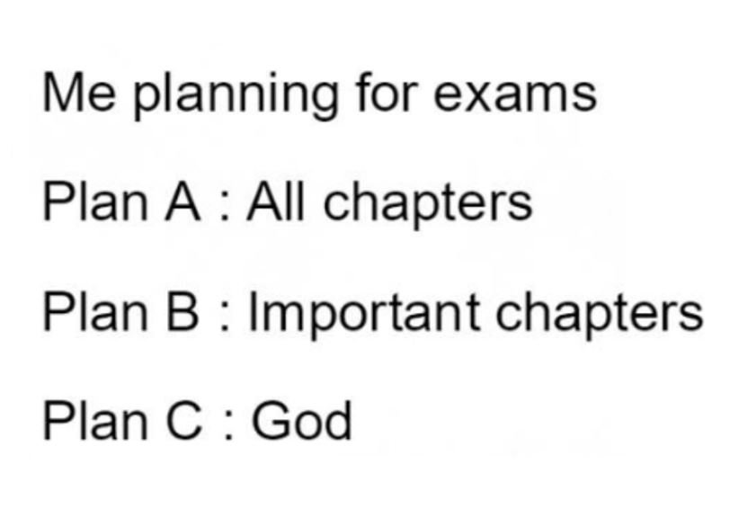 Me planning for exams plan a 2 all chapters plan b important chapters plan c god