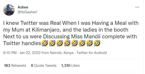 Ashee ItsGasheri knew Twitter was Real When was Having a Meal with my Mum at Kil