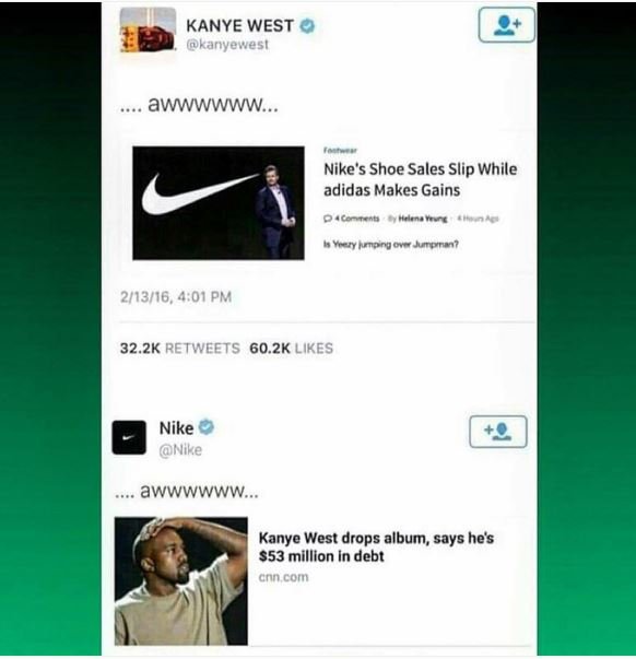 Kanye west kanyewvest awwwww nike's shoe sales slip while adidas makes gains cer