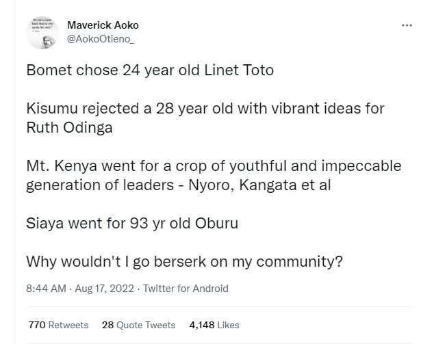 Maverick aoko aokootieno bomet chose 24 year old linet toto kisumu rejected a 28