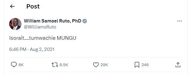 Post william samoei ruto, phd williamsruto isorait_tumwachie mungu 6.46 pm aug 2
