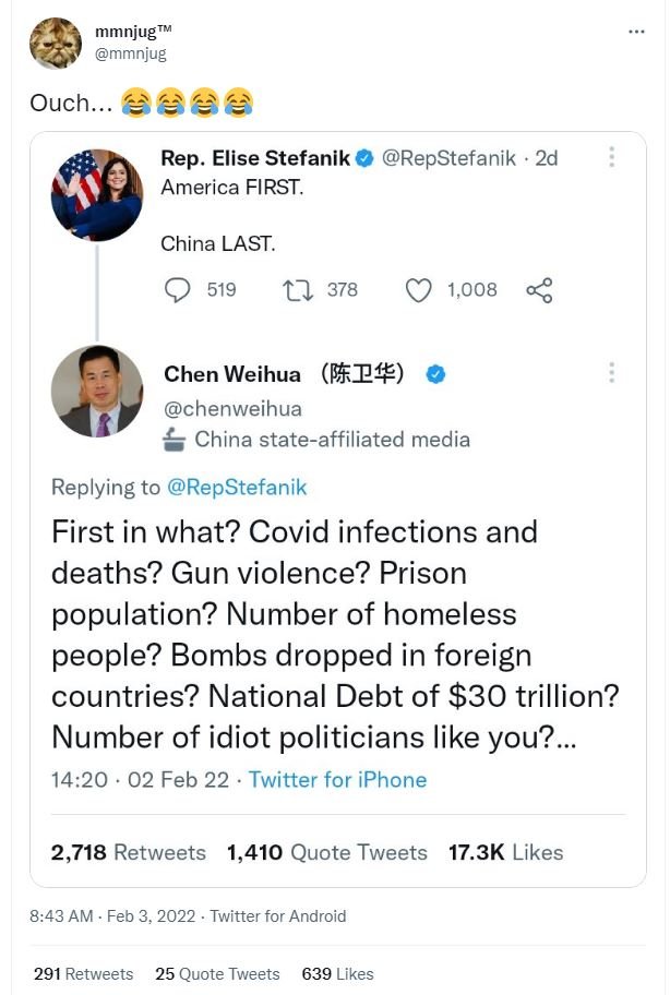 mmnjug TM mmnjug Ouch. Rep. Elise Stefanik RepStefanik 2d America FIRST. China L