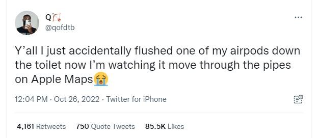 Qofdtb yall just accidentally flushed one of my airpods down the toilet now lm w