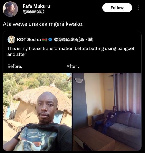 Fafa mukuru osonoke follow ata wewe unakaa mgeni kwako. kot socha 'kousochake th