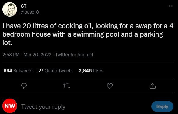 CT baselo _ have 20 litres of cooking oil, looking for a swap for a 4 bedroom ho