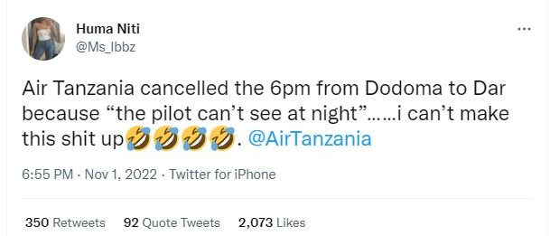 Huma niti ms_ibbz air tanzania cancelled the 6pm from dodoma to dar because the