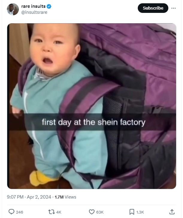 Rare insults insultsrare subscribe first day at the shein factory 9.07 pm apr 2,