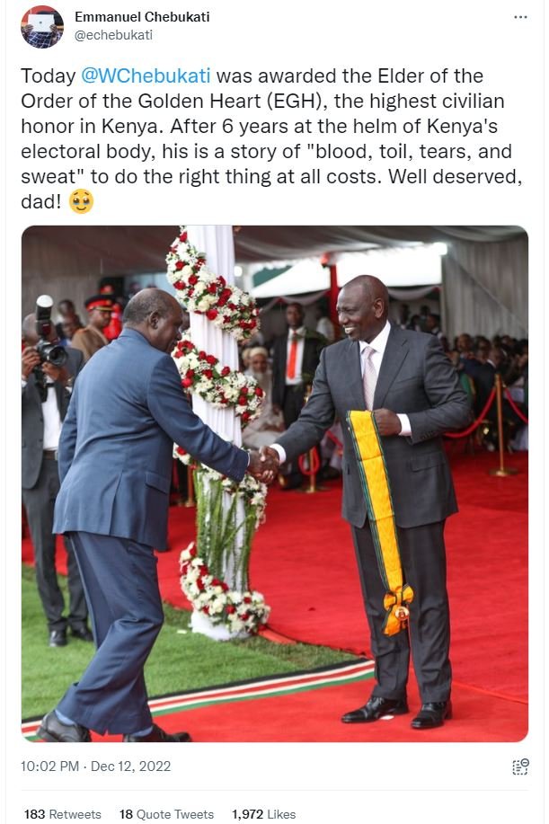 Emmanuel chebukati echebukati today wchebukati was awarded the elder of the orde