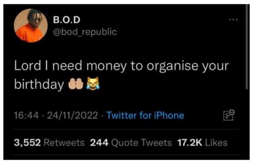 B.o.d bod_republic lord need money to organise your birthday 16.44 2411 twitter