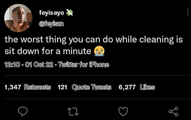 Feyisayo eyiszn the worst thing you can do while cleaning is sit down for a minu