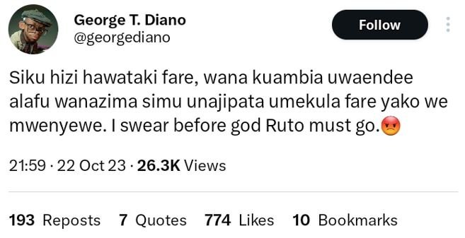 George t. diano georgediano follow siku hizi hawataki fare wana kuambia uwaendee