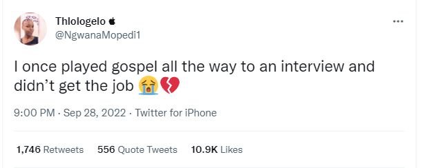 Thlologelo ngwanamopedit once played gospel all the way to an interview and didn