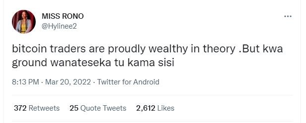 Miss rono hylinee2 bitcoin traders are proudly wealthy in theory but kwa ground