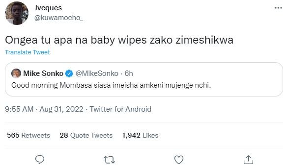Jvcques kuwamocho ongea tu apa na baby wipes zako zimeshikwa translate tweet mik