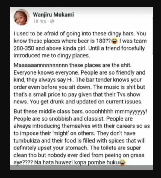 Wanjiru mukami 18 hrs used to be afraid of going into these dingy bars . you kno