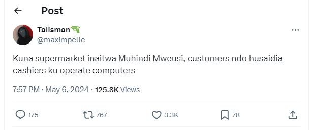 Post talisman maximpelle kuna supermarket inaitwa muhindi mweusi, customers ndo