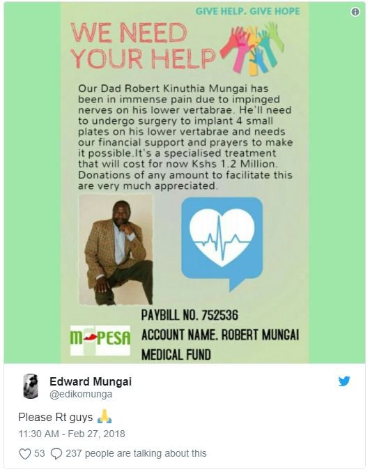 Give help give hope we need your help our dad robert kinuthia mungai has been in