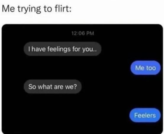 Me trying to flirt 12 00 pm thave feelings for you. me too so what are we? feele