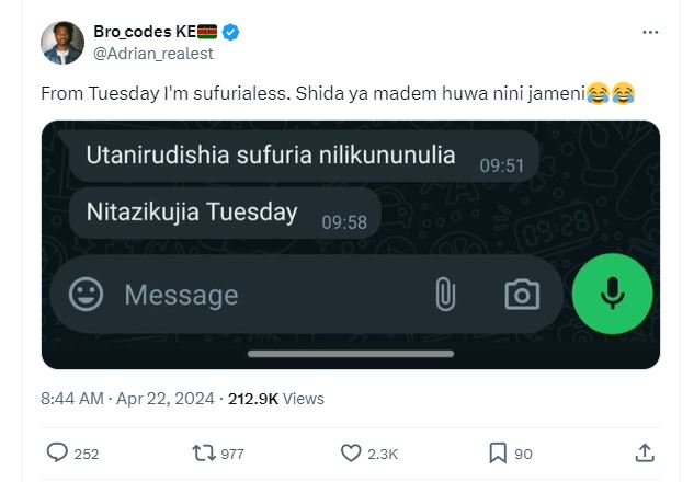 Bro_codes ke adrian_realest from tuesday l'm sufurialess. shida ya madem huwa ni