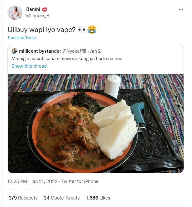 Bambi Lencer_B Ulibuy wapi iyo vape? Translate Tweet millicent bystander Nyokaff