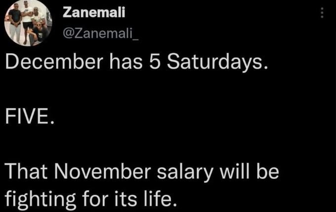 Zanemali zanemali_ december has 5 saturdays . five that november salary will be