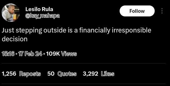 Lesilo rula kaymahapa follow just stepping outside is a financially irresponsibl