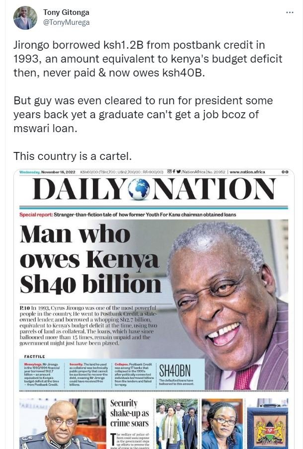 Tony gitonga tonymurega jirongo borrowed kshı.2b from postbank credit in , an am