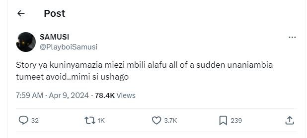 Post samusi playboisamusi story ya kuninyamazia miezi mbili alafu all of a sudde