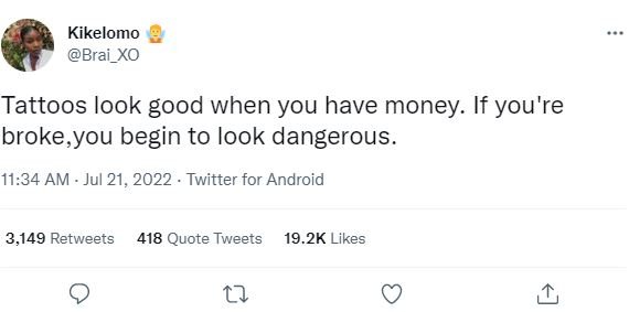 Kikelomo brai_xo tattoos look good when you have money. if you're brokeyou begin