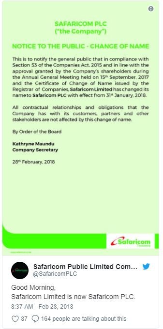 Safaricomplc cthe company noncetothe pubuic change ofname this to notlfy the gen