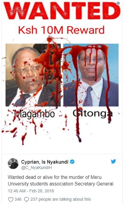 Wanted ksh 1om reward agambo hitong cyprian is nyakundi c_nyakundih wanted dead