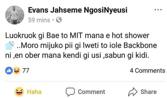 Evans jahseme ngosinyeusi 59 mins luokruok gi bae to mit mana e hot shower moro