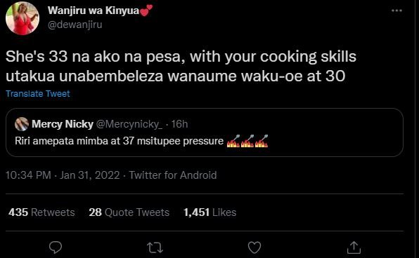 Wanjiru wa Kinyua dewanjiru She's 33 na ako na pesa, with your cooking skills ut