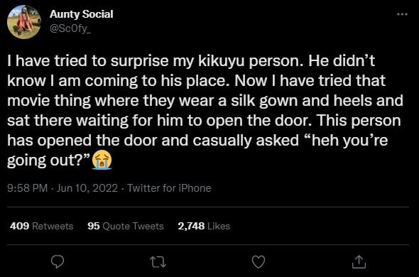 Aunty social scofy_ have tried to surprise my kikuyu person. he didn't know am c