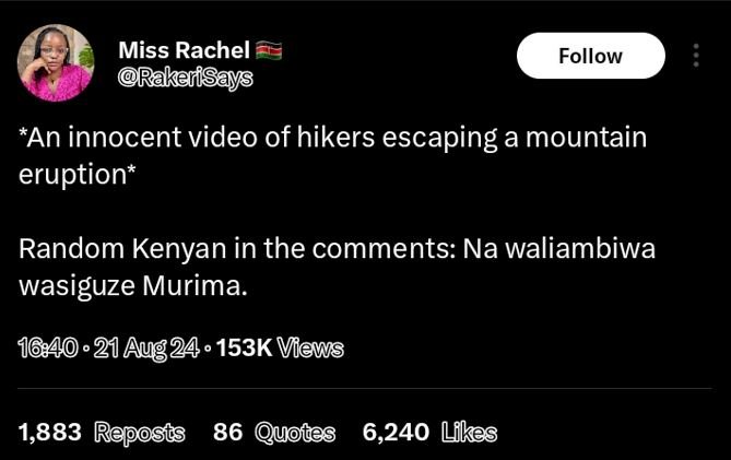 Miss rachel rakarisays follow an innocent video of hikers escaping a mountain er