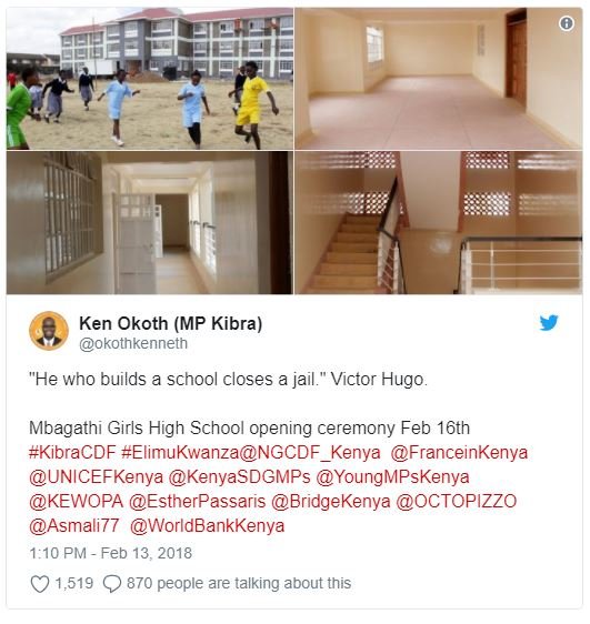 Ken okoth mp kibra okothkenneth he who builds school closes a jail. victor hugo.