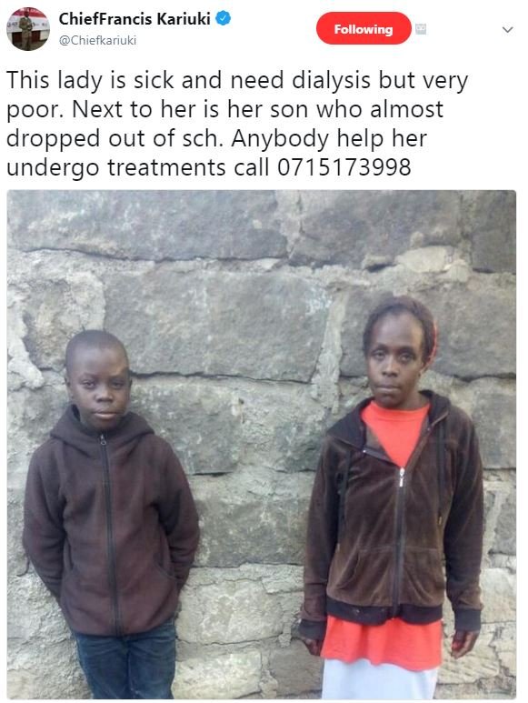Chieffrancis kariuki chiefkariuki following this lady is sick and need dialysis