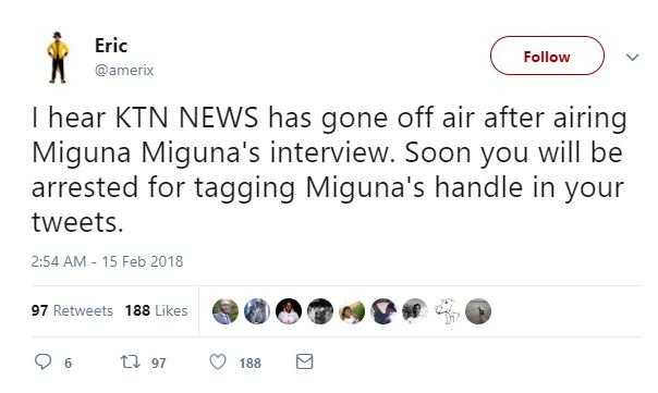 Eric amerix follow hear ktn news has gone off air after airing miguna miguna's i
