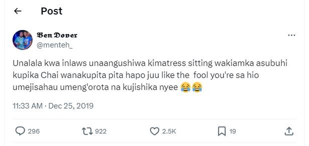 Post ben doper menteh _ unalala kwa inlaws unaangushiwa kimatress sitting wakiam