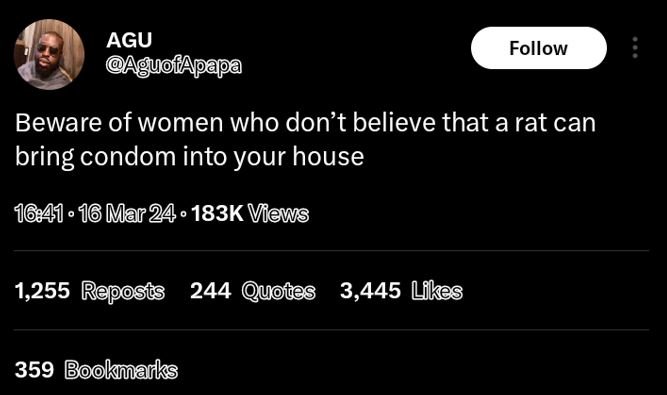 Agu quofapapa follow beware of women who don't believe that a rat can bring cond